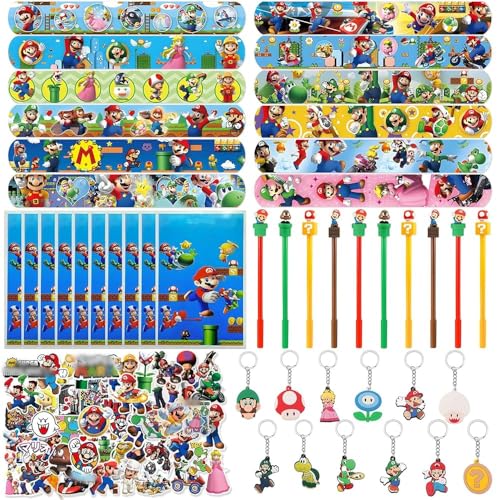 Super Party Bag Fillers Bros Kids Party Bags Favours Birthday Gift Party Bags Mari Theme Birthday Party Supplies Party Goodie Bags Slap Bands Stickers Keyrings Pen for Boys Girls Birthday Supplies