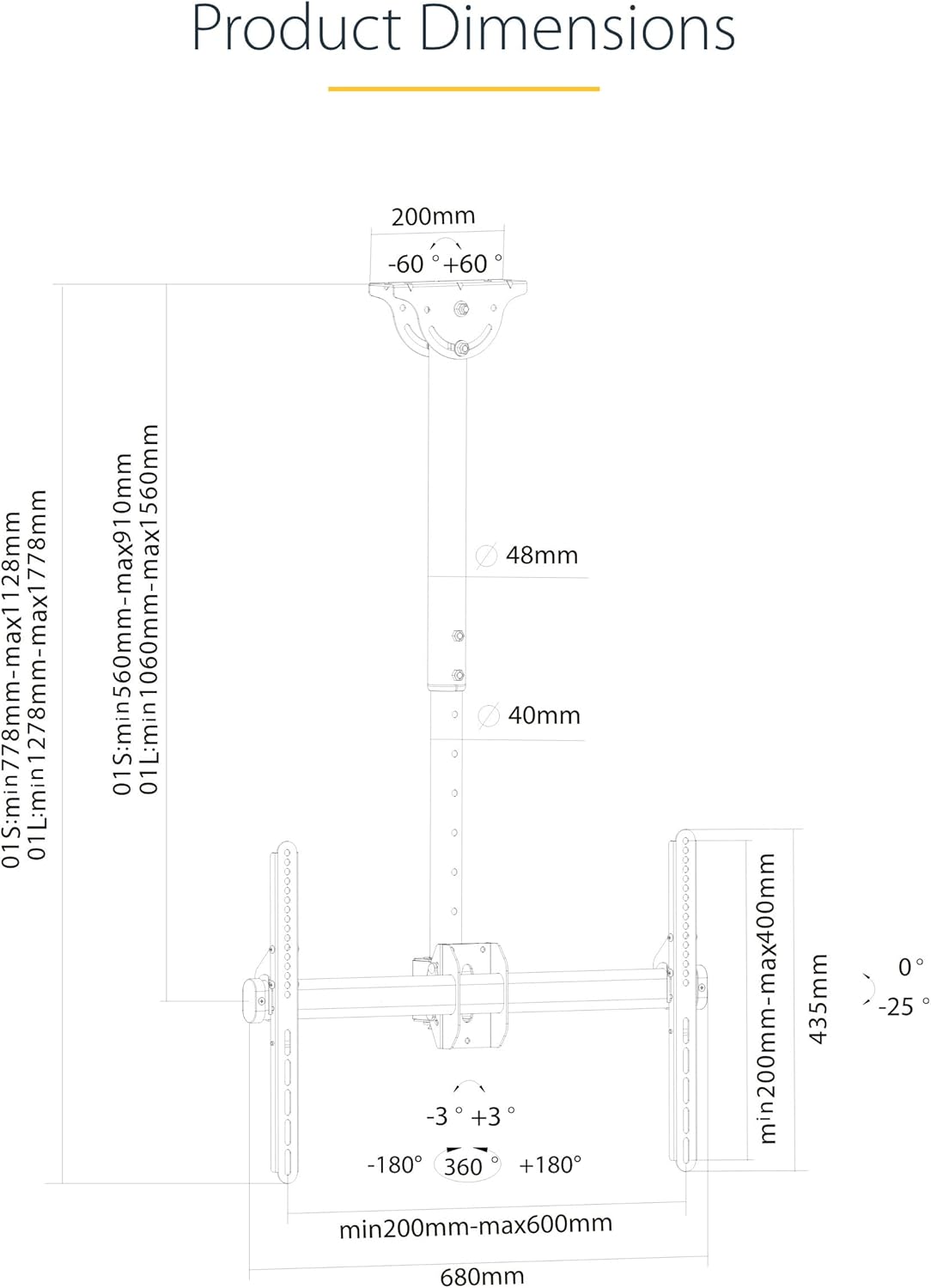 StarTech.com TV Ceiling Mount, Hanging Single Screen Vesa Mount for 32”-75" TVs/Displays - Height Adjustable Telescopic Pole
