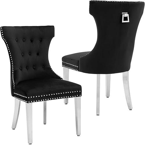 Miniatura 13 de Juego de 2 sillas de comedor de terciopelo, sillas de comedor tapizadas con patas de acero inoxidable y tirador de anillo redondo, modernas sillas