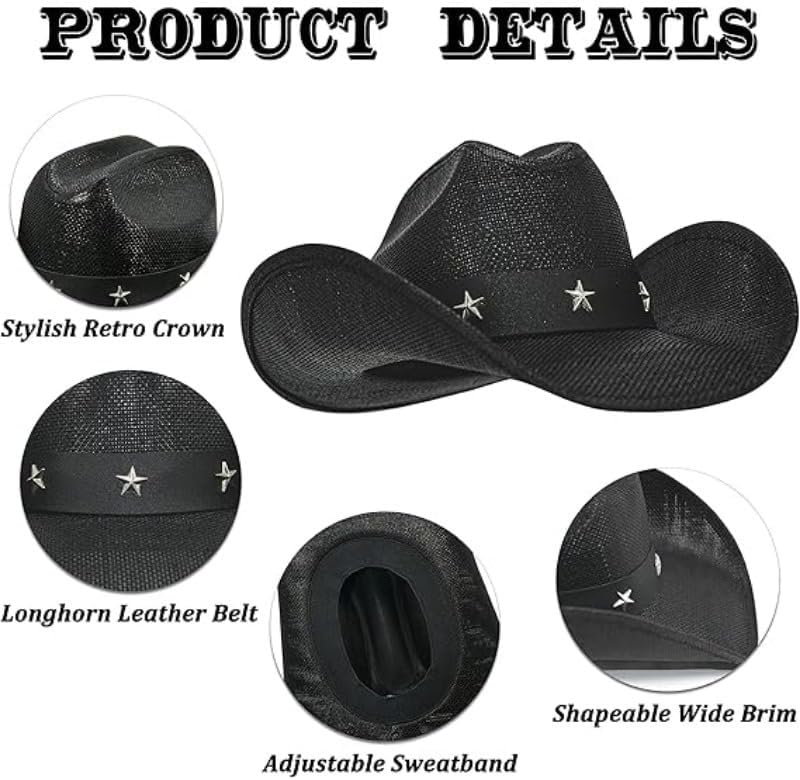 Western Cowboy Straw Hat Unisex Casual Holiday Hard Top Sun Protection Hat