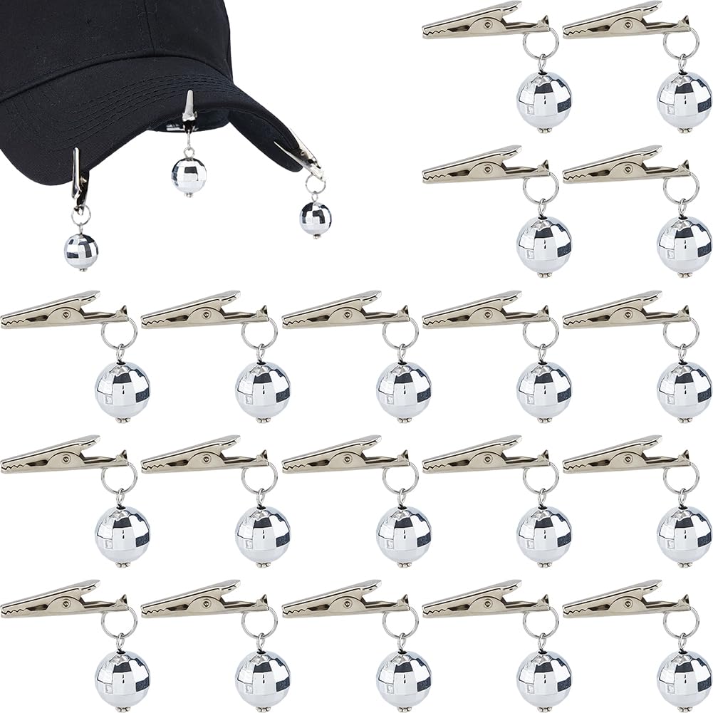 SUPERFINDINGS 20Pcs Disco Ball Hat Clips 6cm Suncatcher Light Catcher Marker Holders Round Shape Ball Hat Accessories for Rave Gear Music Festival Essentials Silvery