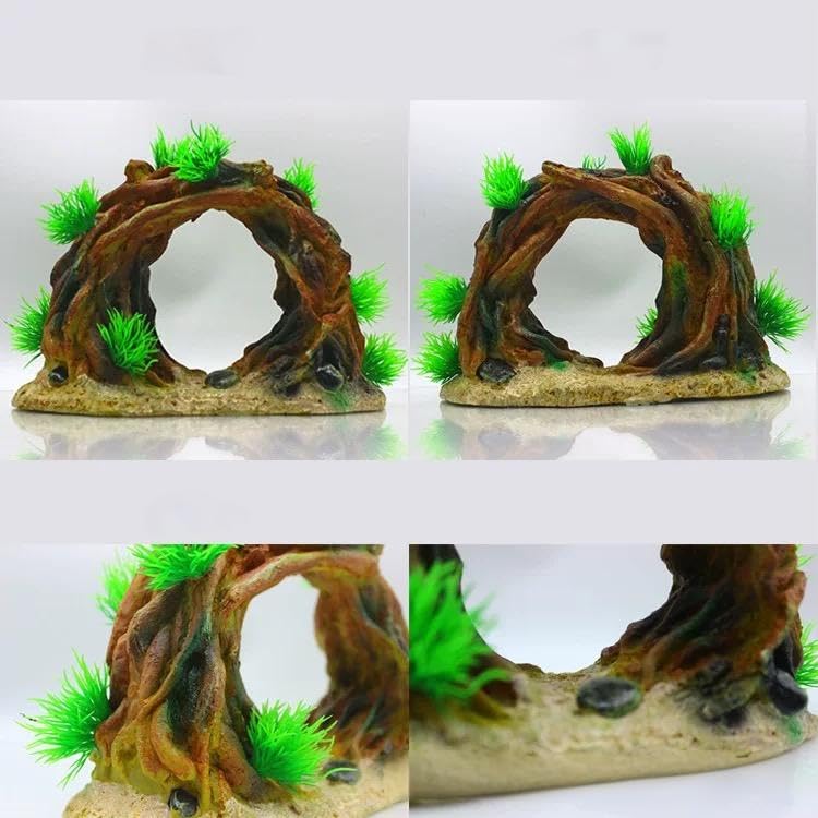 Adorno de Arco de Acuario Grande con Plantas Verdes, decoración de pecera, Puente de Cueva de Resina marrón, 9,44 x 8,66 x 3,93 Pulgadas, Paisaje de Acuario, Peso 1 LB