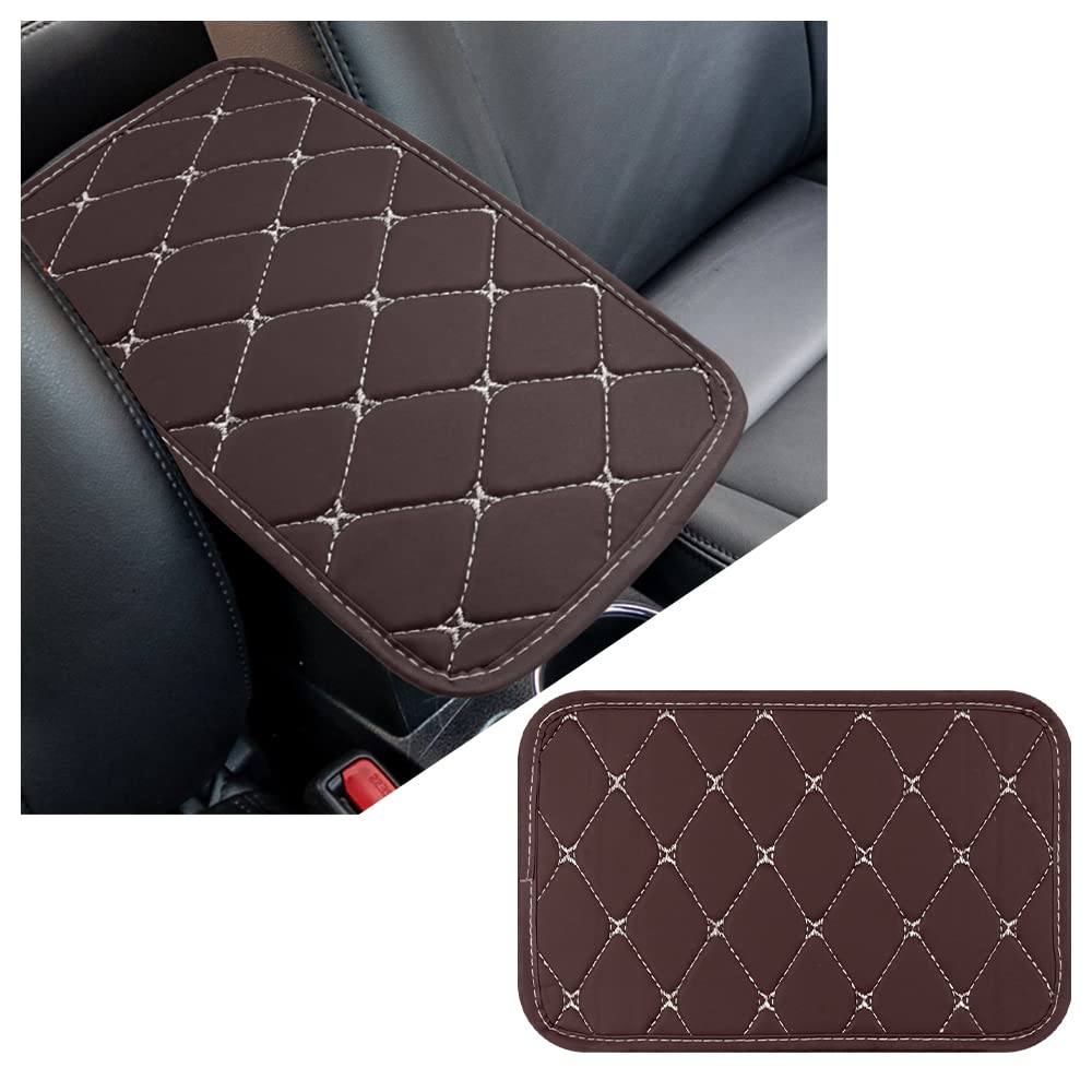 NHHCLeather Car Armrest Cover for Scratch Center Console Protector,Rhombic Embroidery Car Arm Rest Cushion Car Decoration for Women/Men and Most Car SUV Truck (Coffee/Beige Thread)