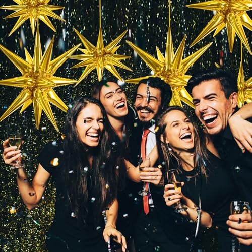 Image of TONIFUL 8 Pcs Explosion Star Balloons Gold Foil Balloon Party Decorations | 2 Size Mylar Star Balloon for New Year Party Decor Christmas Graduation Birthday Wedding Baby Shower Photo Booth Supplies