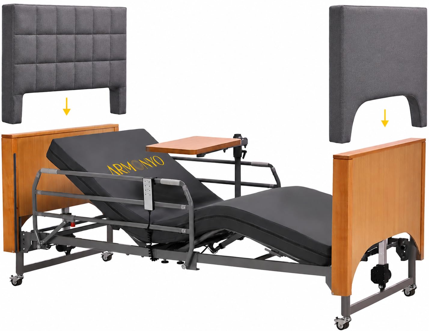 Photo 1 of ARMONYO Electric Hospital Bed for Home Use – 5 Functions, Advanced German LIMOSS Motor, Ultra-Low 8.5"–25" Adjustable Height, Double Solid Wood Panels with Medical Overbed Table & Foldable Rails