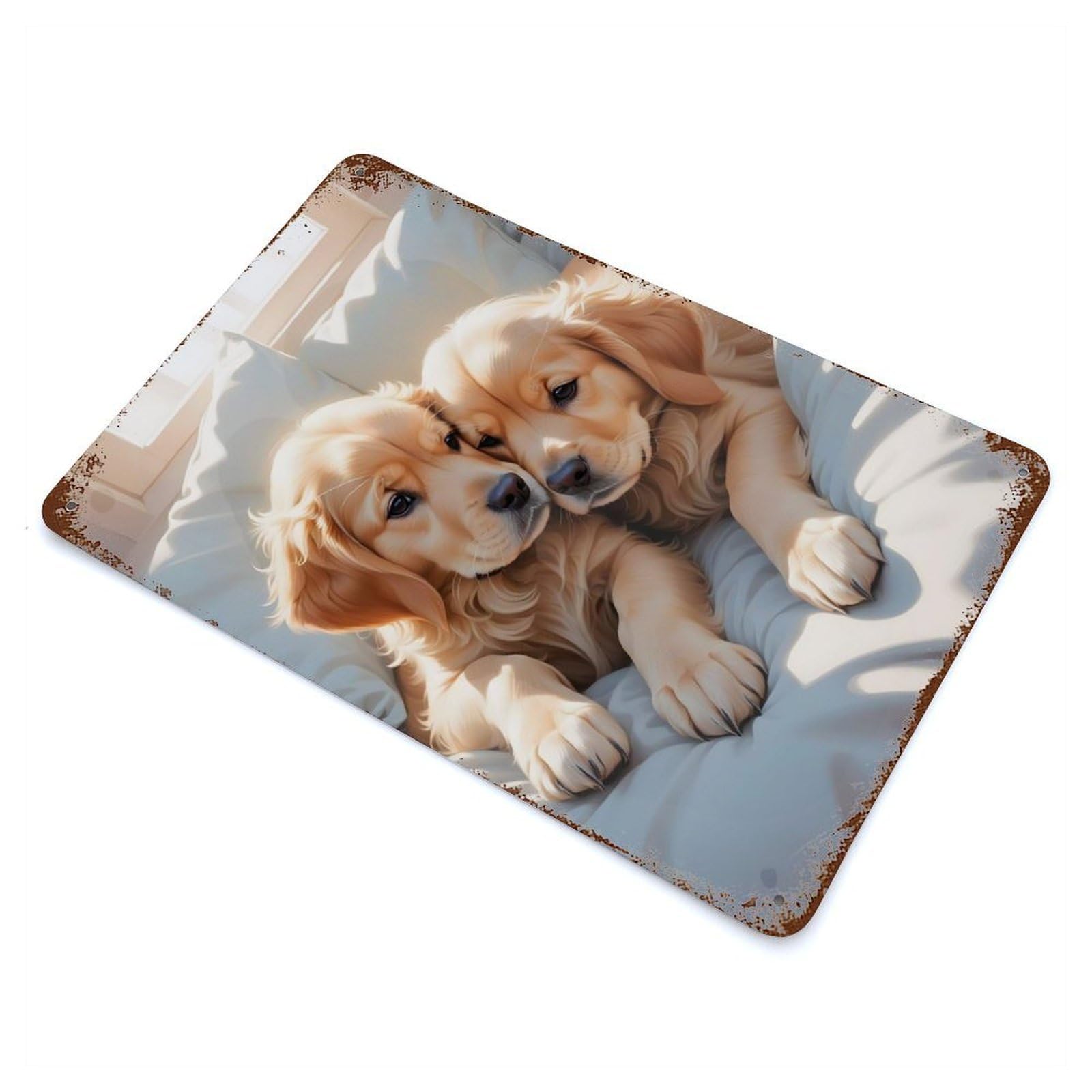 Golden Puppies Rusty Metal Tin Sign 11.8"x7.9", Ideal for Farmhouse, Kitchen And Entryway Decor