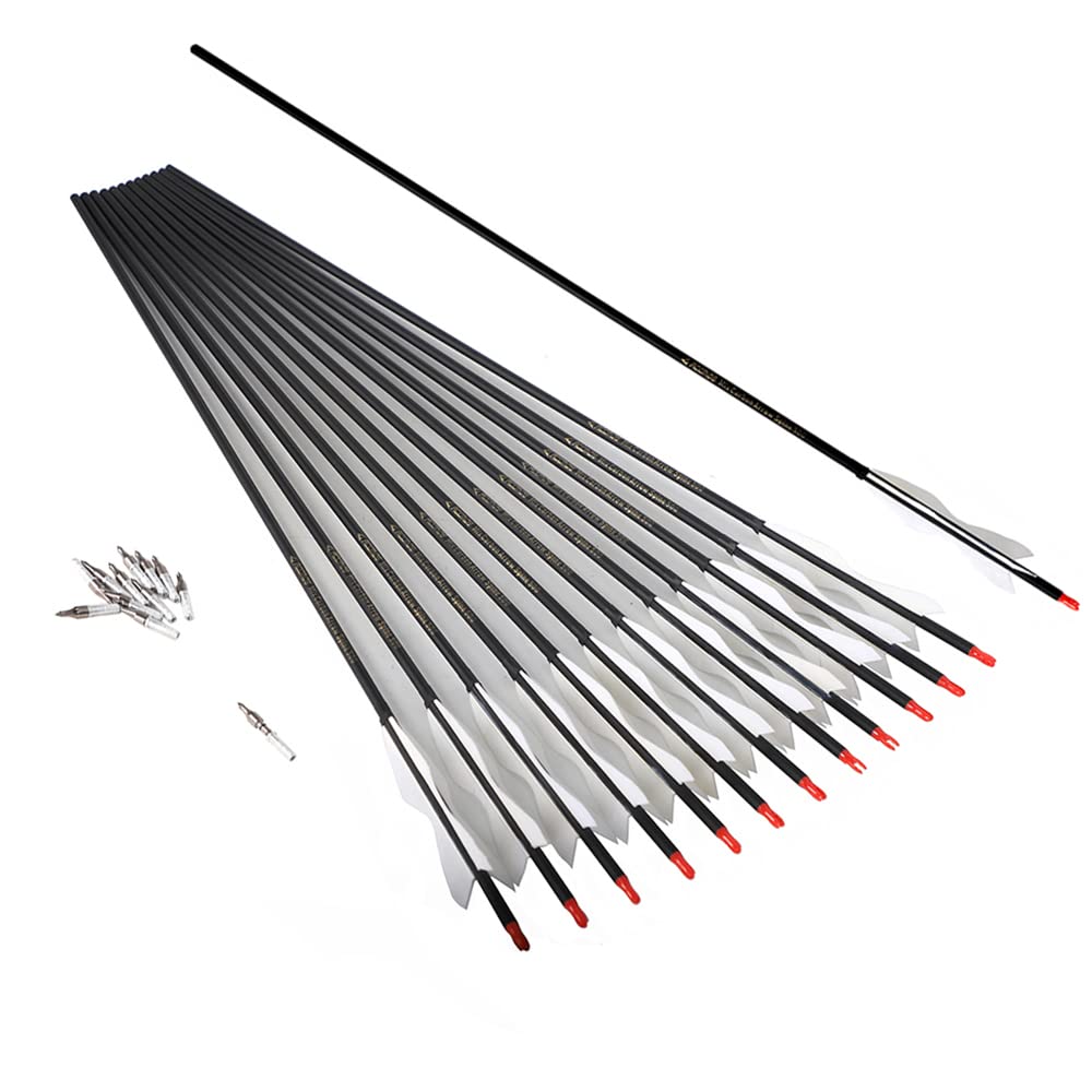 ACCMOS Spine 500 ID 6.2 mm Adults Hunting Arrow 23-30 inch Youths Practice Arrows 5" Elf Turkey Feather Archery Arrow 12 pcs (25inch, White)