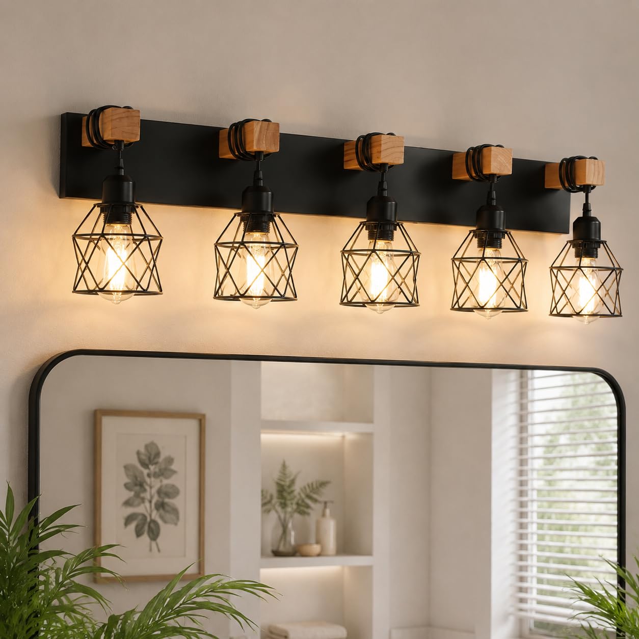 Farmhouse Bathroom Light Fixtures, 5-Light Vanity Lights for Bathroom, Black Wood Bathroom Lighting Over Mirror with Metal Shades, Bulbs Not Included
