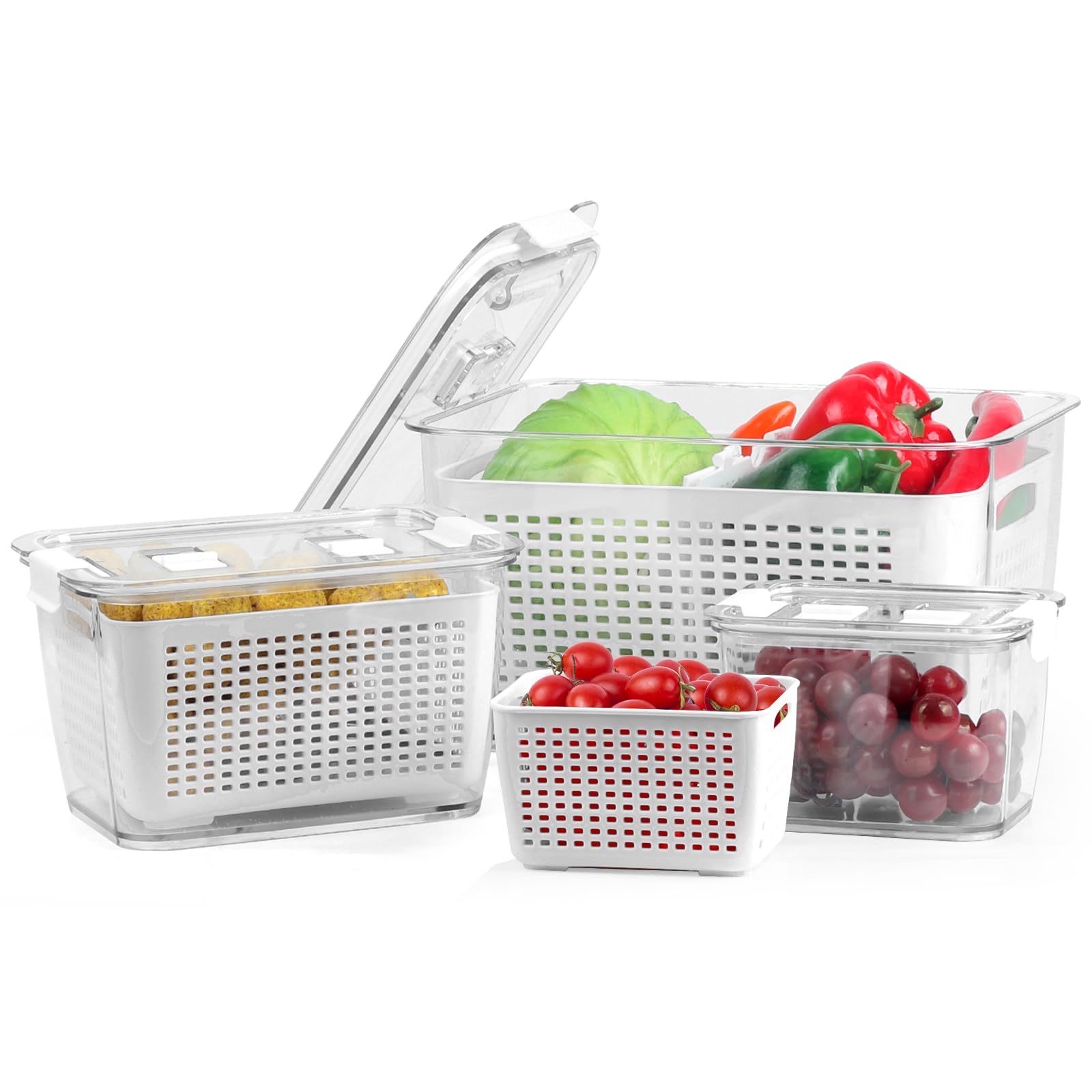 3 Pack Vegetable Fruit Storage Containers for Fridge, Produce Saver Containers for Refrigerator with Lids Colander and Dividers, Fridge Fruit Storage Container, Fridge Organizers