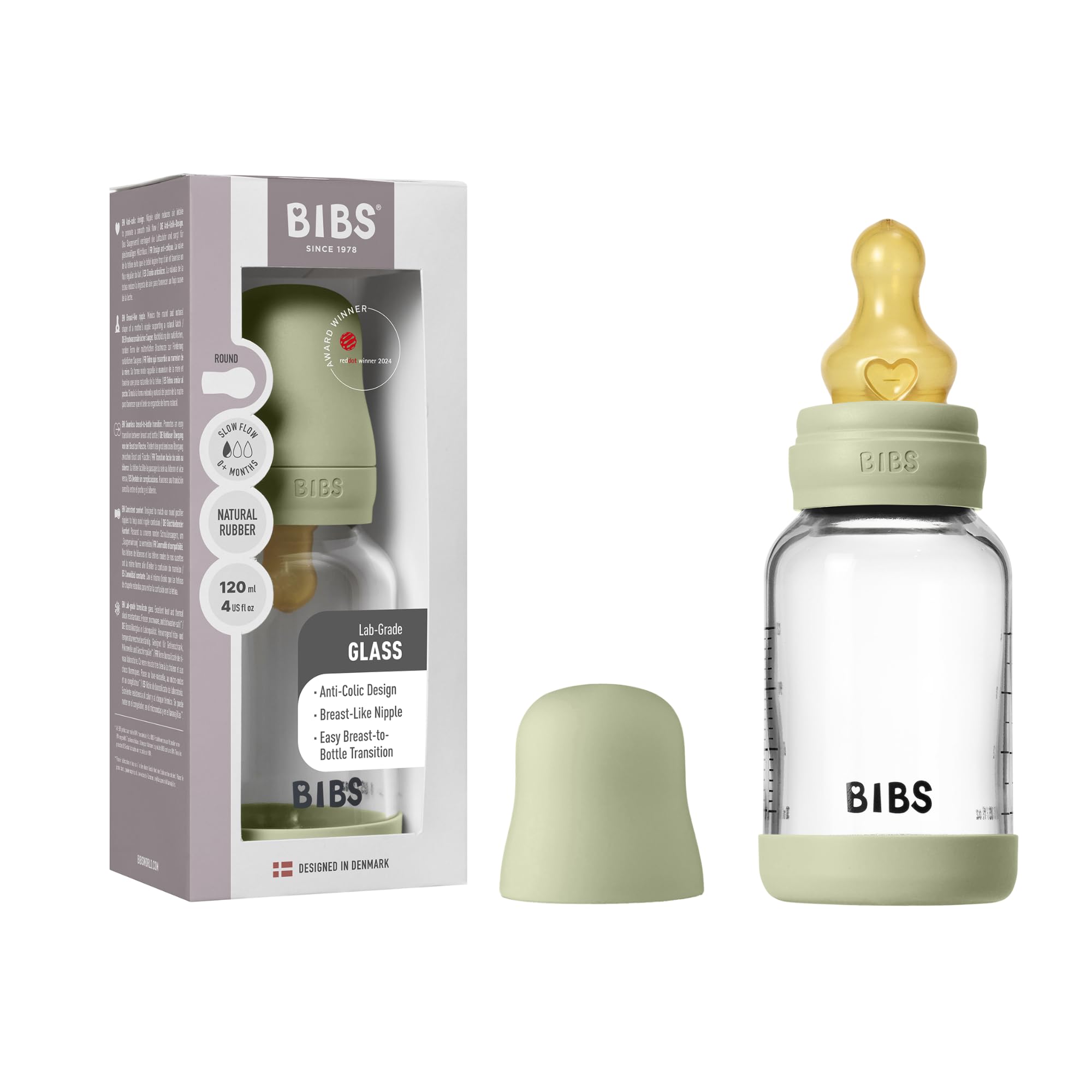 BIBS Baby Glass Bottle. 120ml. Anti-Colic. Vented Round Natural Rubber Latex Teat. Supports Natural Breastfeeding, Slow Flow