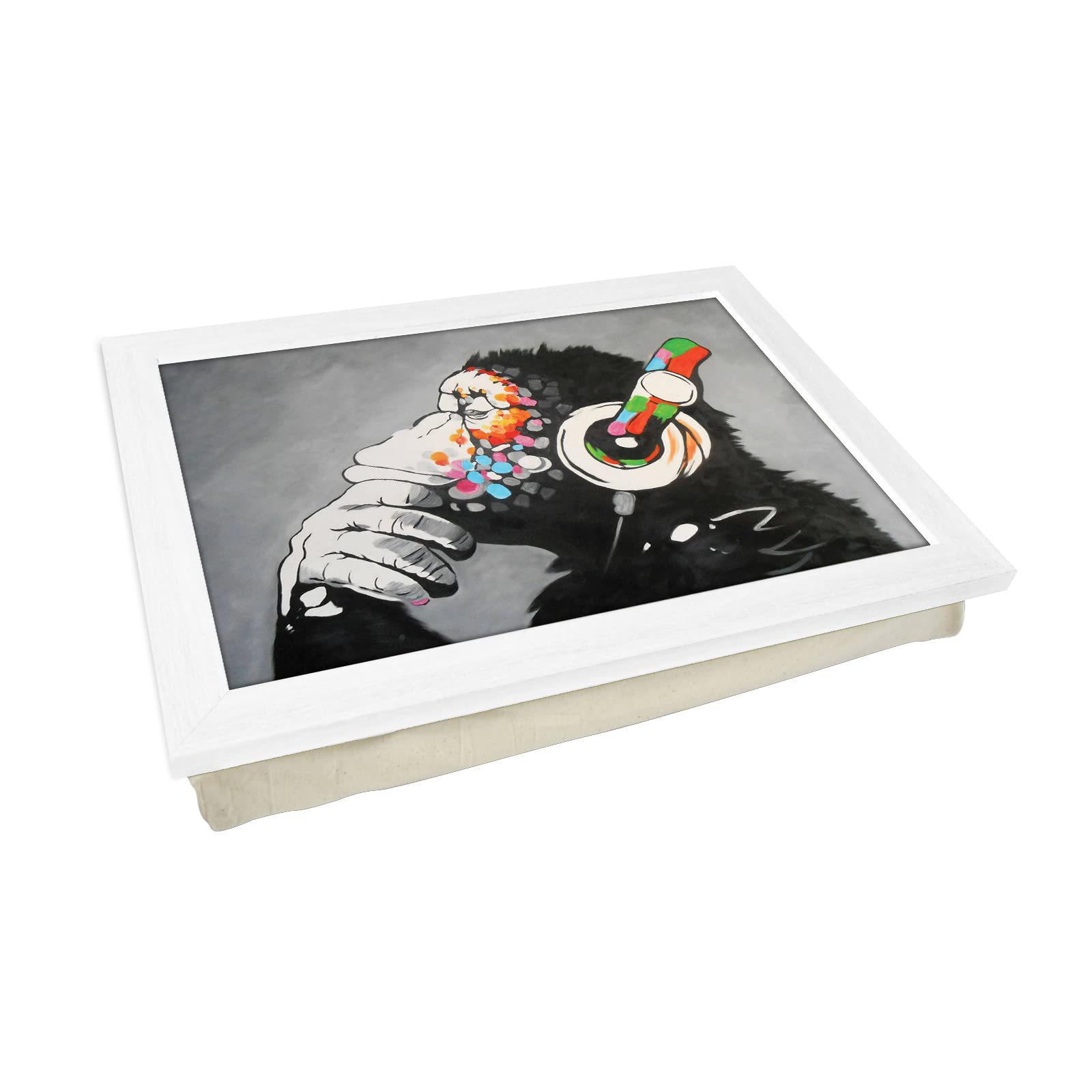 Portable Lap Desk Tray (Banksy DJ Monkey) Handmade Wooden Frame, Beanbag Cushioned Bottom | Computers, Laptops, Meals, Food | L466 White