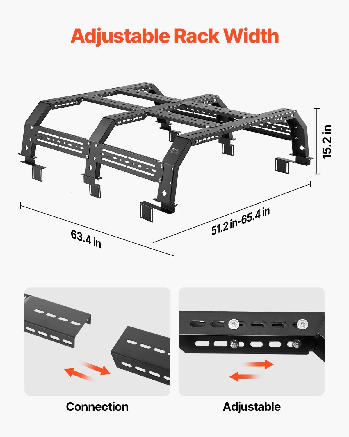 Diagram illustrating the adjustable width mechanism of the truck bed rack, showing connection points and adjustment slots.
