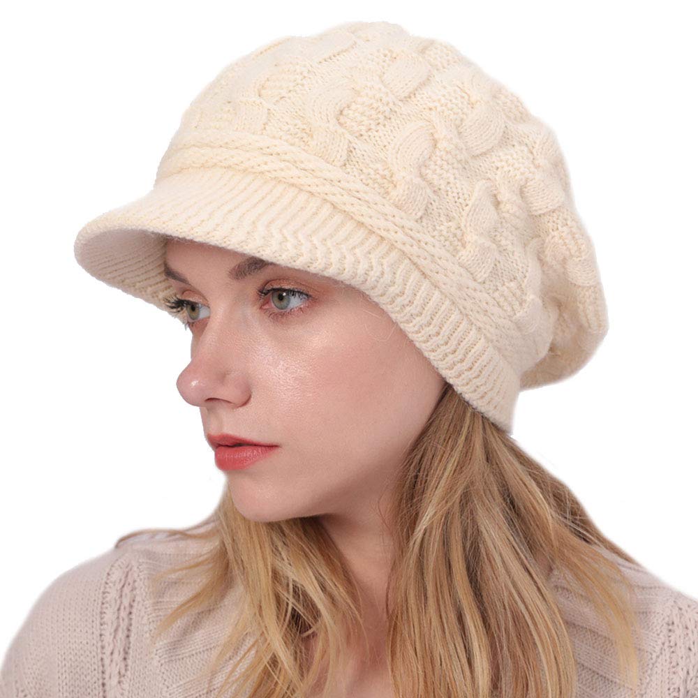 Kangqifen Women Winter Warm Knit Hat Fleece Lined Snow Ski Cap with Visor Beige