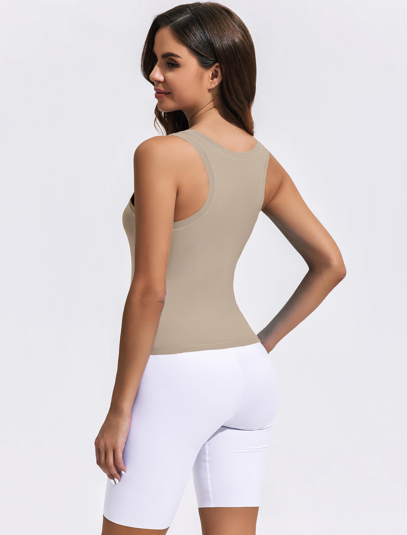 PINSPARK Athletic Tops for Women Double Lined Workout Tank Top Scoop Neck Gym Tshirt Comfortable Cropped Yoga Shirt, Khaki XXL