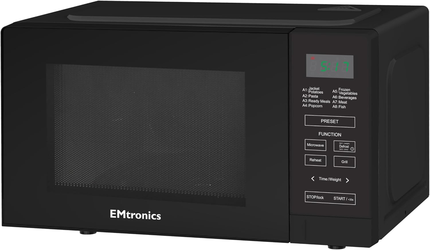 EMtronics 20 Litre 700W Digital Microwave with 800w Grill, 10 Power Levels, 8 Preset Options, Defrost Function and Cavity Light - Silver