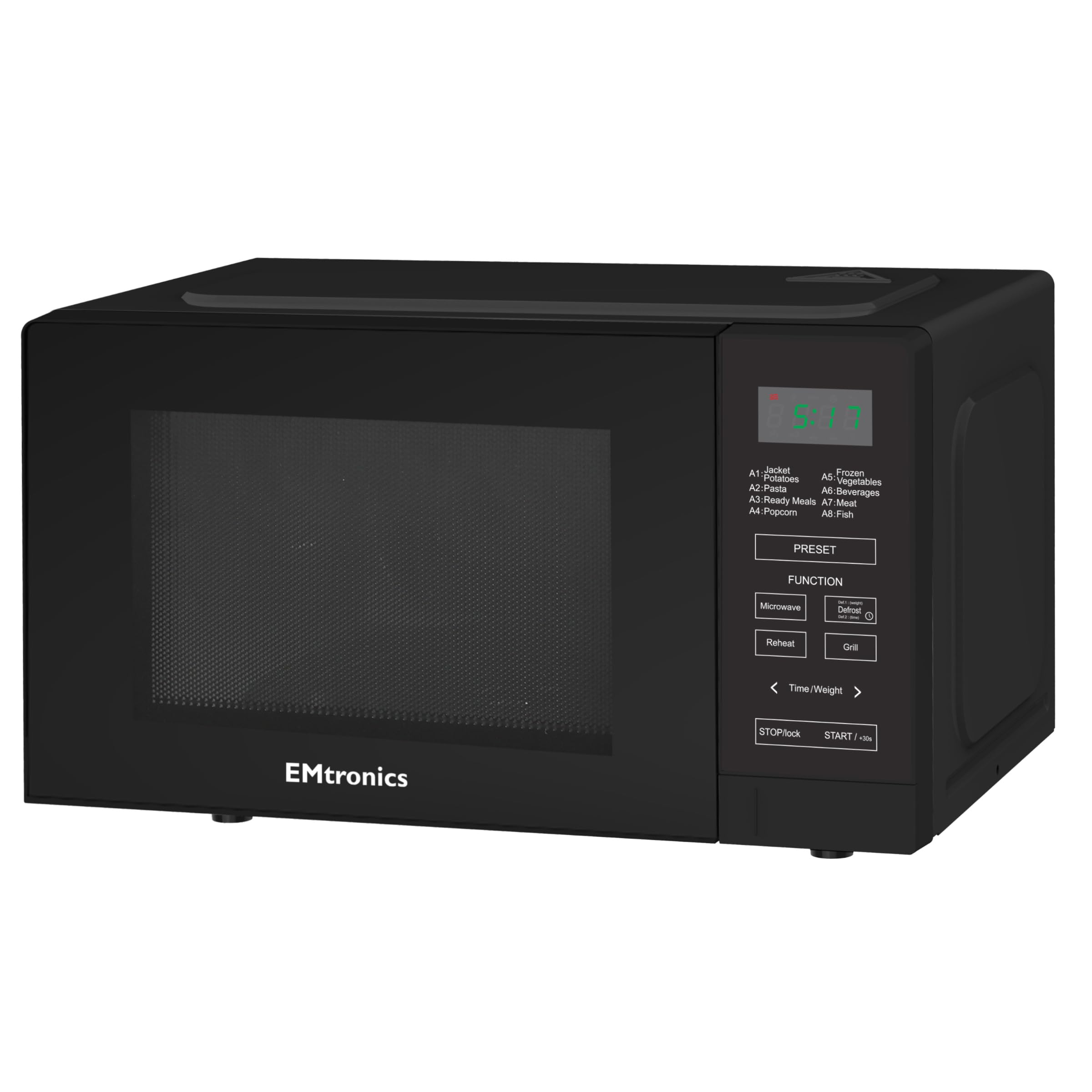 EMtronics 20 Litre 700W Digital Microwave with 800w Grill, 10 Power Levels, 8 Preset Options, Defrost Function and Cavity Light - Black