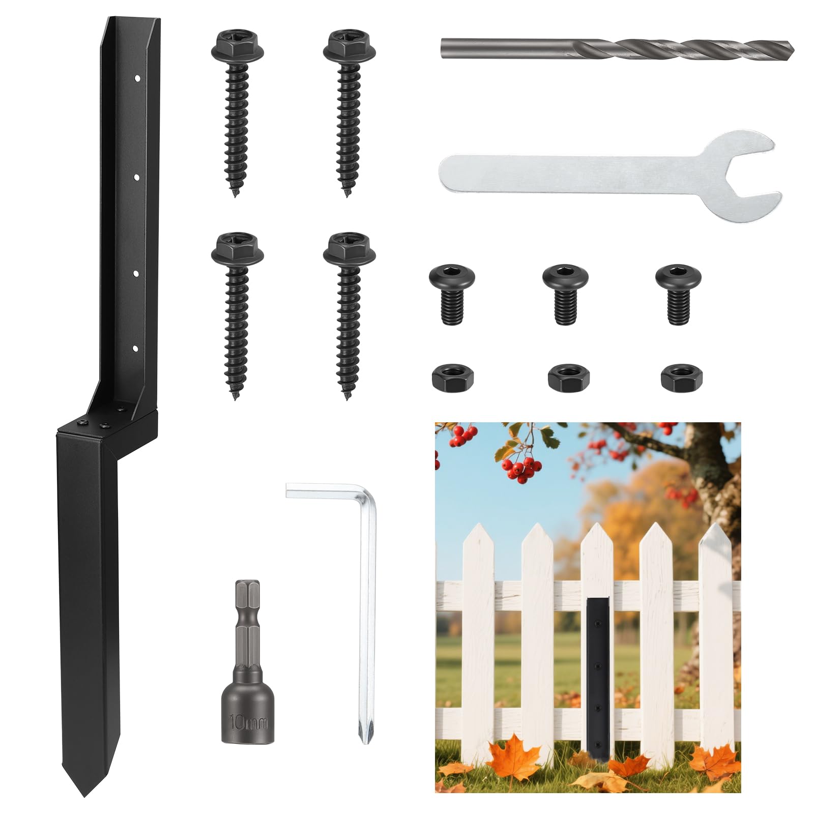 Moendergo Fence Post Repair Kit, Heavy Duty Ground Spike, 1 Pack Ground Spike for Tilted or Broken Wooden Fence Posts(Black)