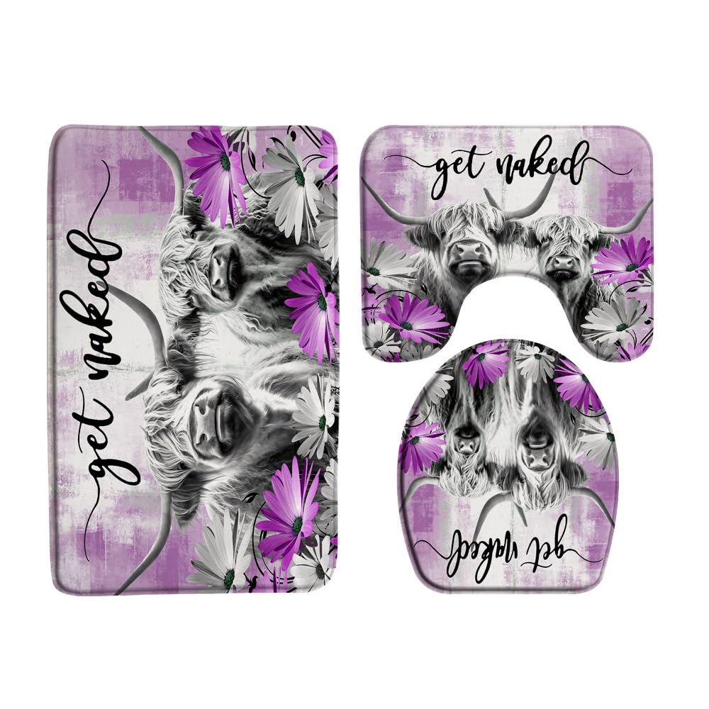 3 Piece Farmhouse Highland Cow Get Naked Bath Mat Sets Farm Animal Portrait of Highland Cow Longhorn Bull Rustic Flower Western Bathroom Doormat Rugs,Toilet Seat Cover,U-Shaped Floor Mat