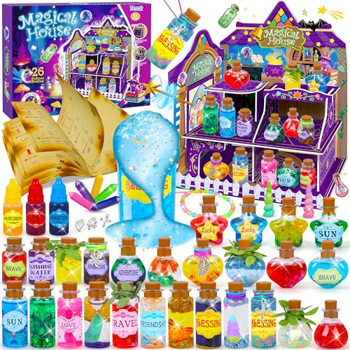 Magic Potions Kit for Kids with DIY Magical House 26 Mixed Magic Wizard Potion Bottles Mystery Potions Craft Kit Christmas Decorations Birthday Gifts for Age 6 7 8 9 10+ Year Old Girls Boy