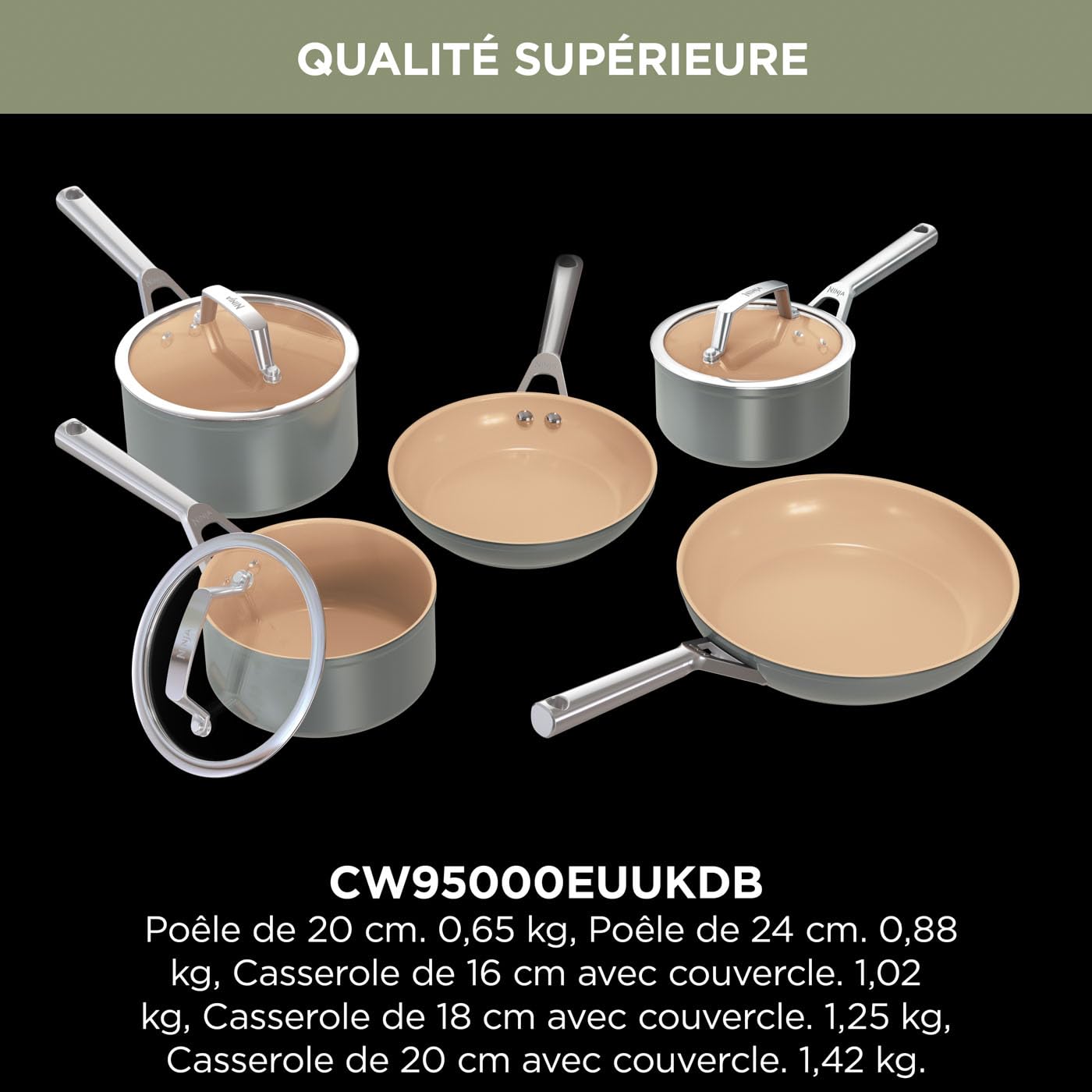 Ninja Extended Life Batterie Céramique 5 Pièces (Poêles 20/24cm + Casseroles 16/18/20cm + couvercles), Antiadhésif (sans PFA, PFOA, Plomb ou Cadmium), Résistance 285°C, Gris & Terrecota, CW95000EUUKDB