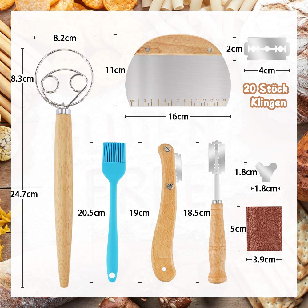 Datyeco nóż do chleba, laahm, punktacja, zestaw narzędzi, nóż bagietkowy z 20 ostrzami do golenia, 1 duńska trzepaczka, 1 foremka do ciasta, 1 silikonowa szczotka do tostów