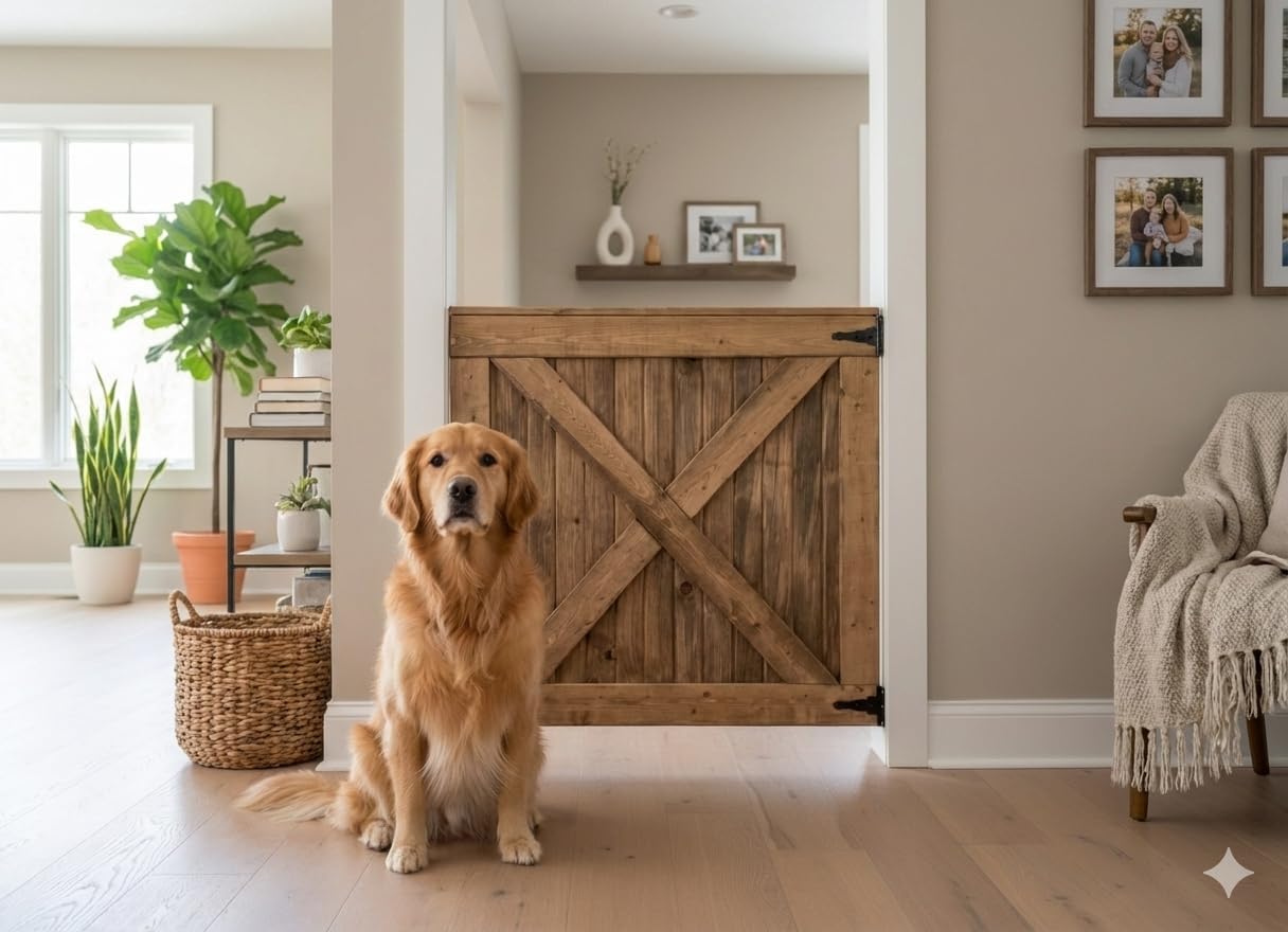 Dog Gate for Doorways & Stairs – Rustic Farmhouse Wooden Pet Gate, Handmade Half Barn Door Style, Custom Widths 24–48 in, 31.5 in Tall, Hardware Not Included