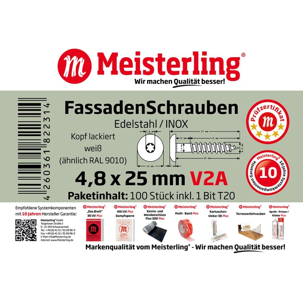 Lot de 100 vis de façade Meisterling - En acier inoxydable V2A - Avec tête plate - 4,8 x 25 mm, blanc
