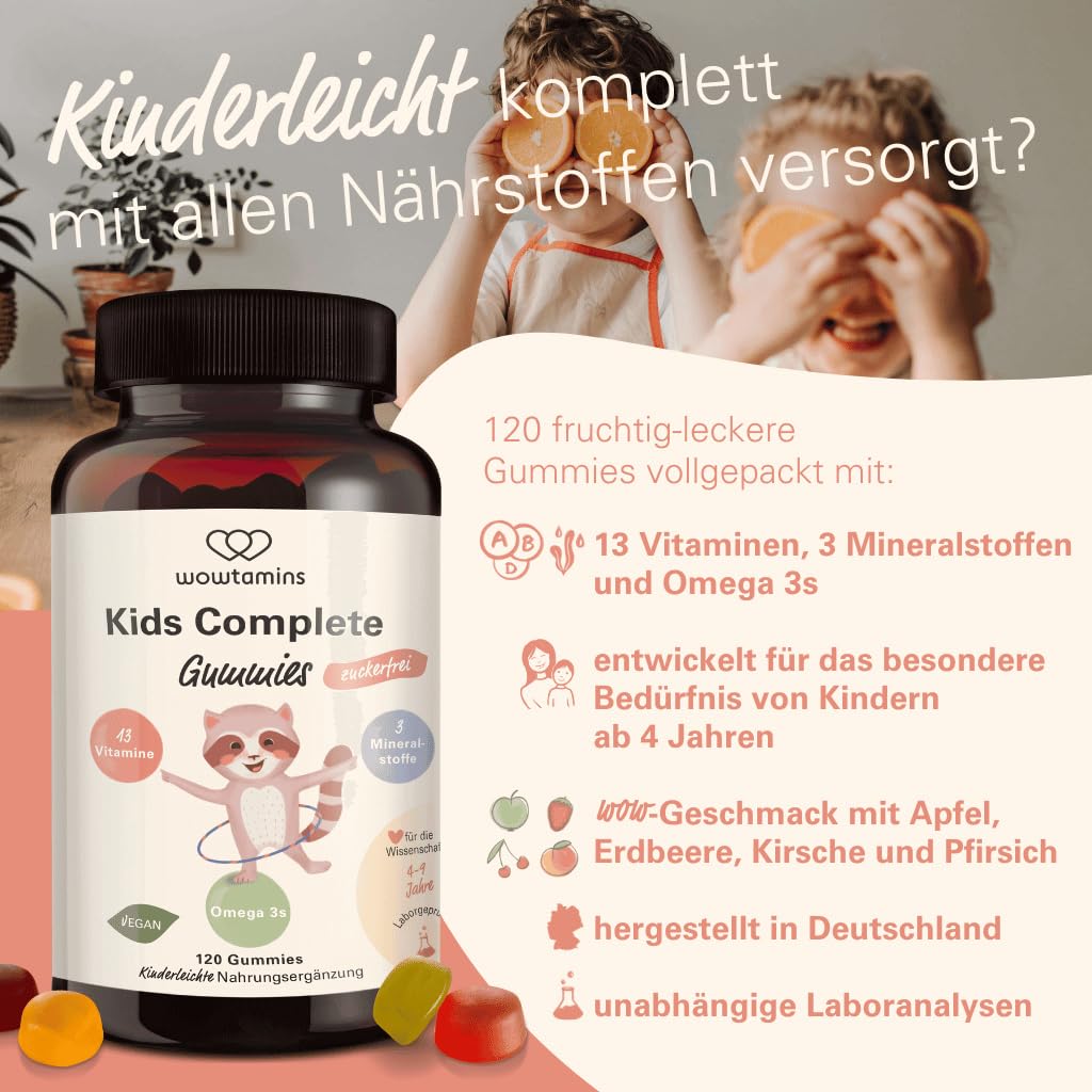 wowtamins Kids Complete zuckerfrei - Vegane Multivitamin Gummies mit Omega 3 (30-Tage-Vorrat) - Vitamine für Kinder - Nahrungsergänzungsmittel für das Immunsystem mit Vitamin C, D3, B12, Zink & mehr