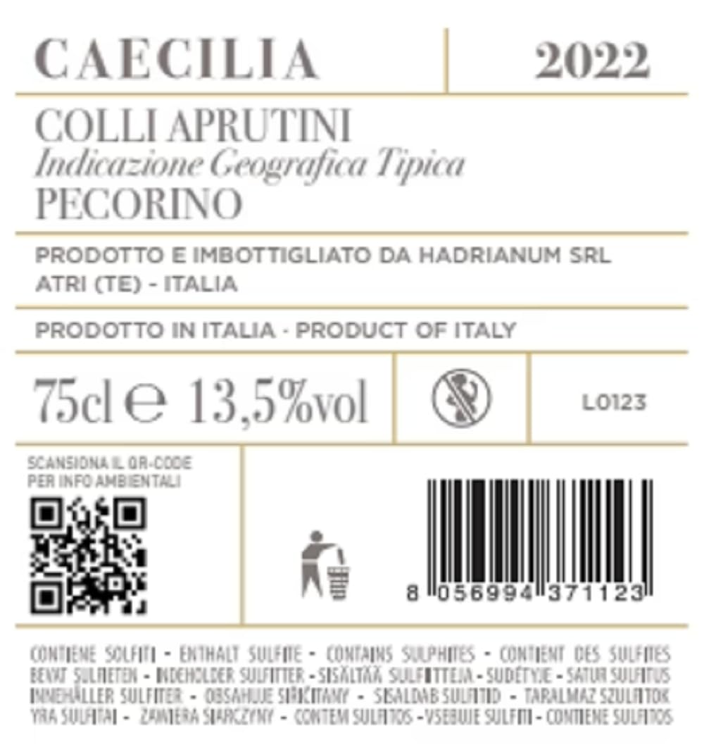 3 Bottles Italian CAECILIA 2022 White Wine (Color Straw Yellow) by Vinum Hadrianum | Pecorino Colli Aprutini IGT Hi- Embrace Italian Wine | Excellence in Every Sip - (Each Bottle 750 ml)
