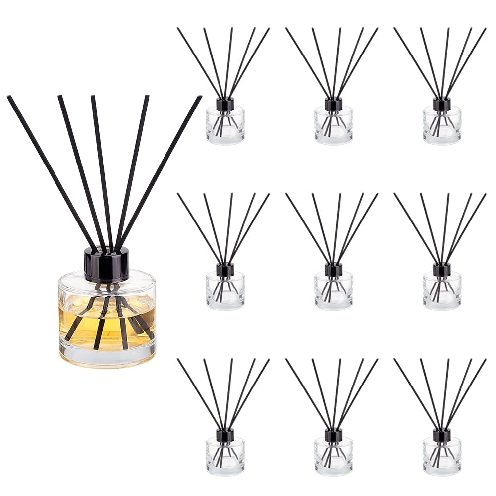 FINGERINSPIRE 10Pcs Bouteilles pour Diffuseur À Baguettes avec 50 Baguettes Noires, 100ml Bouteilles pour Diffuseur Verre Bouteille Parfum Vides Rechargeables pour Salon Restaurant Hôtel Maison DIY