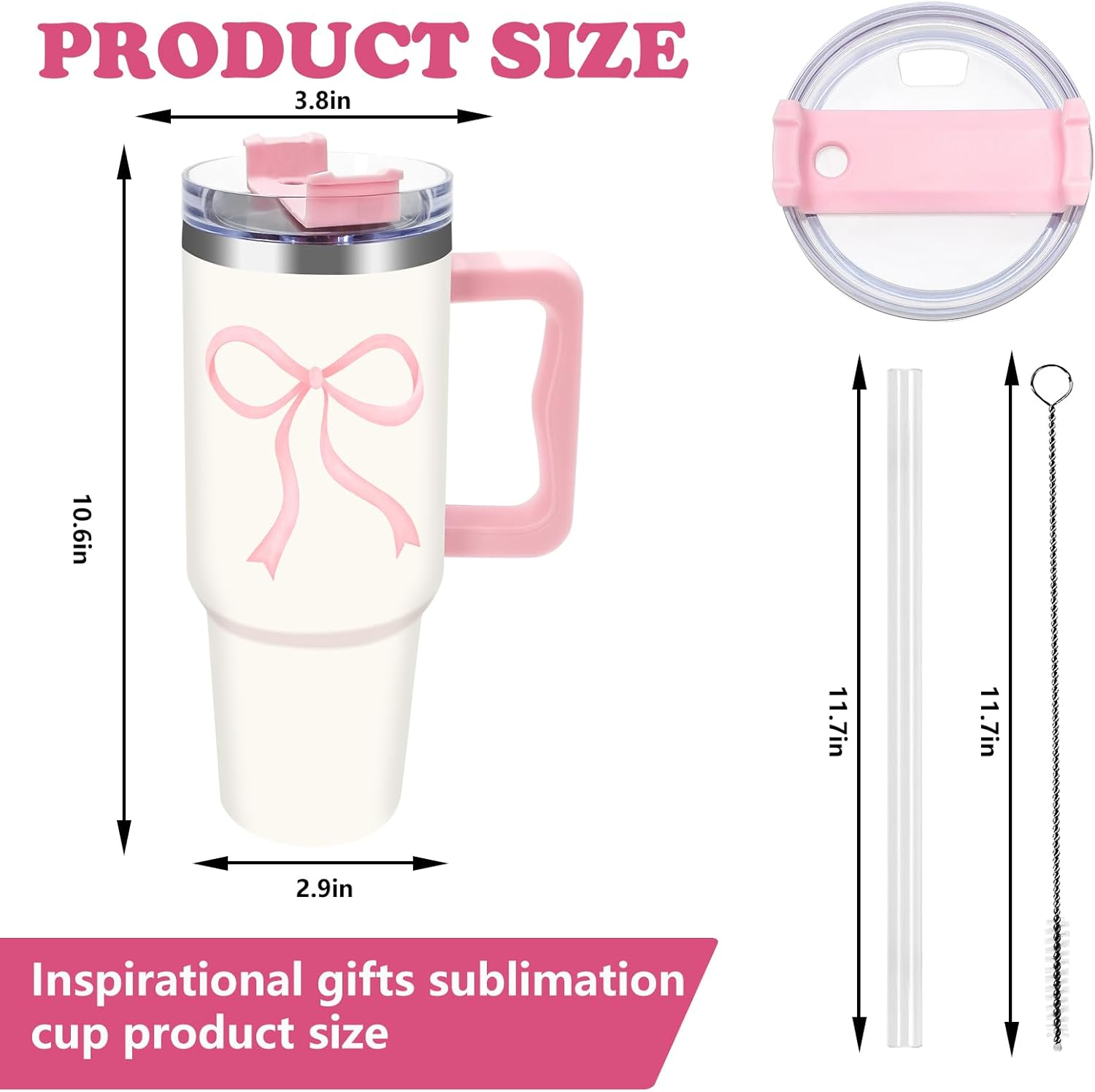 Pink Bow Tumbler with Lid Straw 40 Oz Watercolor Bowknot Stainless Steel Cup with Handle Coquette Travel Coffee Tumbler for Home Office Party Classroom - Image 2