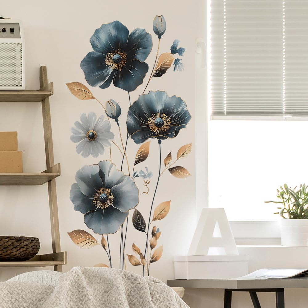Flaxarne Luxury Blue Gold Floral Wall Stickers 3D Flower Wall Decals Peel and Stick Wall Art Decor for Bedroom Living Room Office Dormitory
