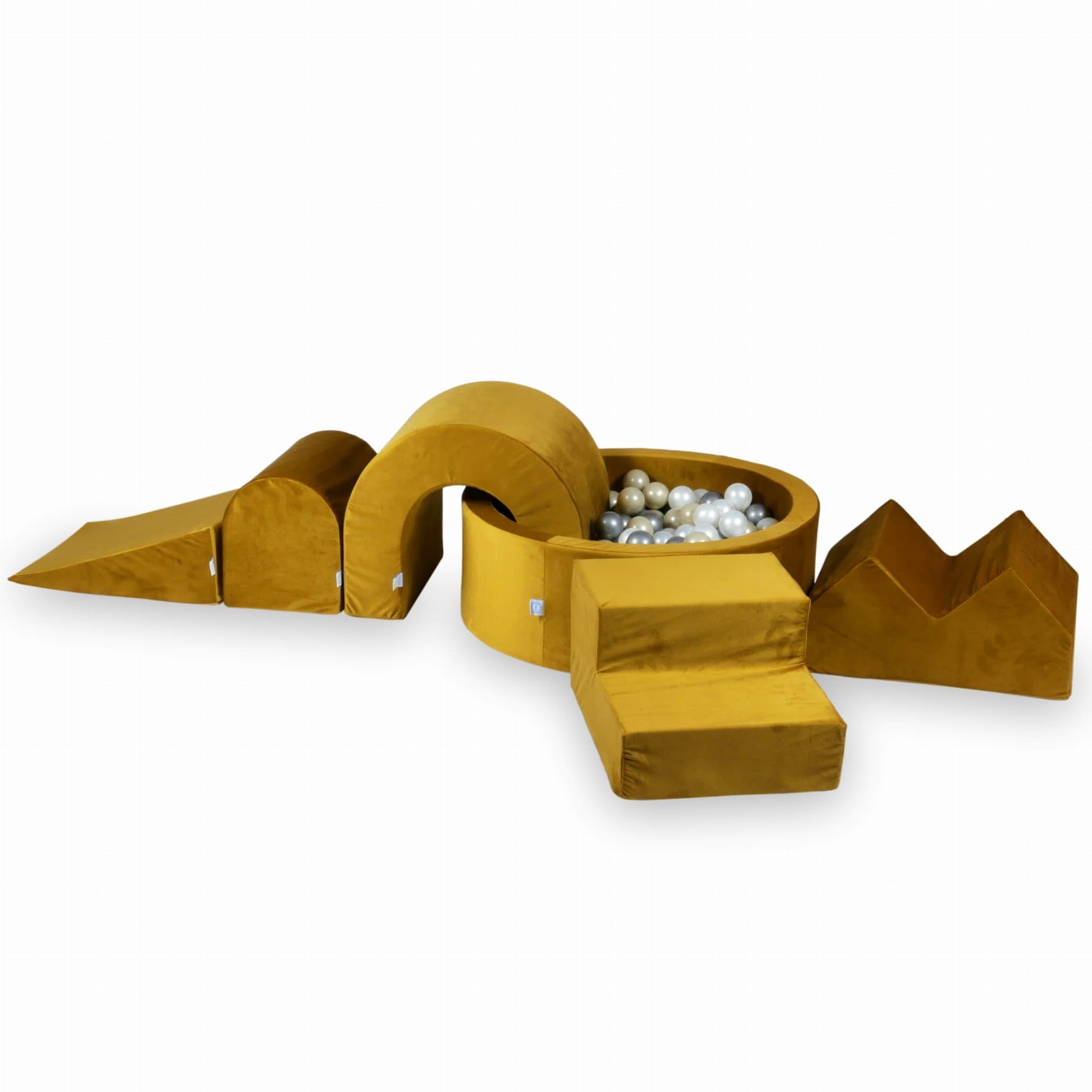 Mimii Parco giochi in schiuma con piscina di palline rotonda 90x30 Velvet Gold - grandi mattoncini da costruzione per gattonare e arrampicarsi (200 palline: perla/argento/oro chiaro)