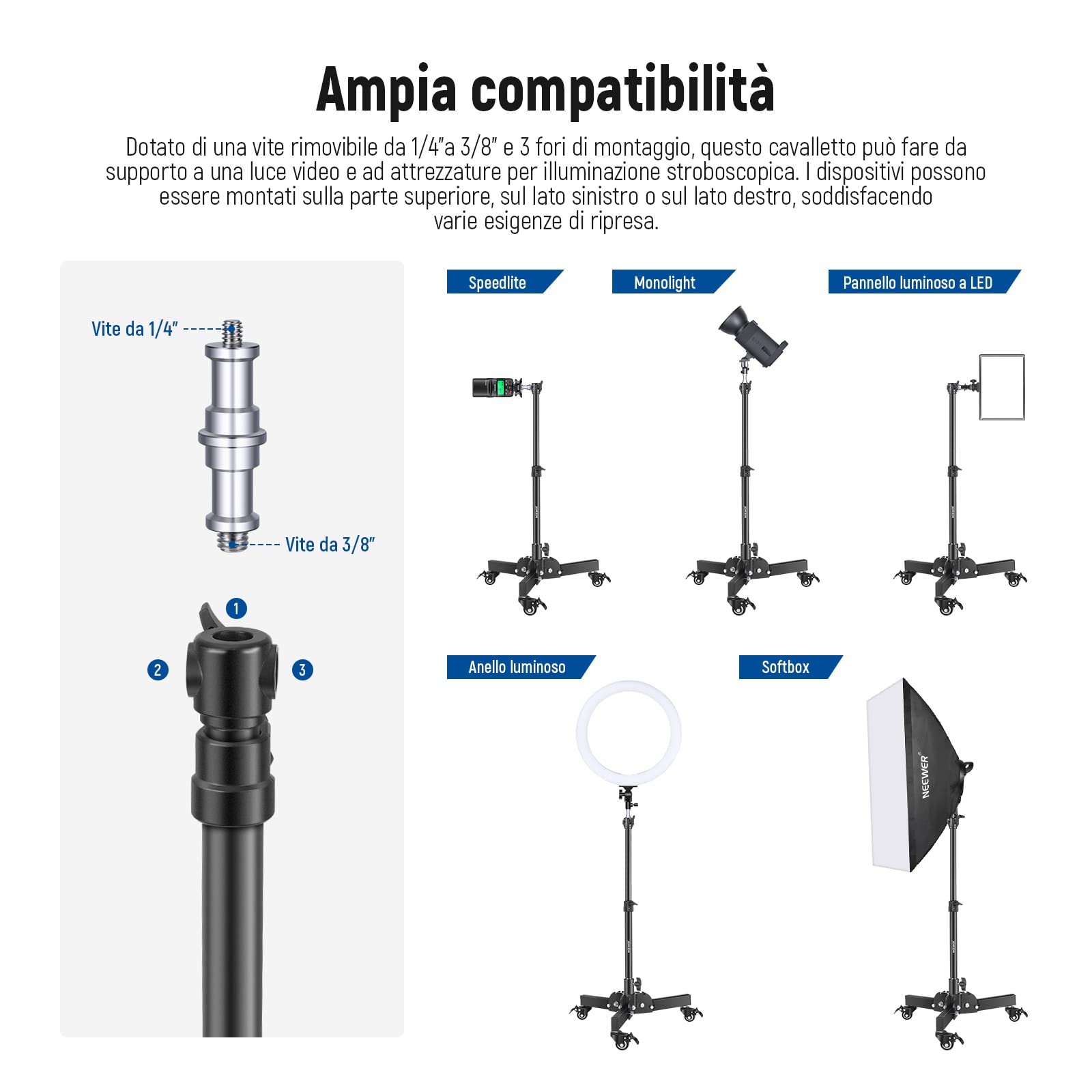 Treppiedi Per Luci Con Ruote - 2 Pezzi, Regolabili Fino A 72 Cm, Per Softbox E Flash - Foto 2