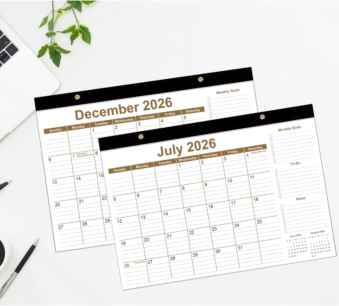 Tischkalender 2026-2027 - 12 Monate Kalender von Juli 2026 bis Juni 2027, Tischkalender 2026-2027 mit dickem Papier, 30,5 x 43,2 cm, Braun