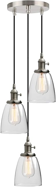 Phansthy Retro Industrial Pendant Lights with Clear Glass Shade, E27 Edison Kitchen Light Fixture 3 Chandelier Flush Mount Ceiling Hanging Lamps for Living Room Dining Room (Brushed)