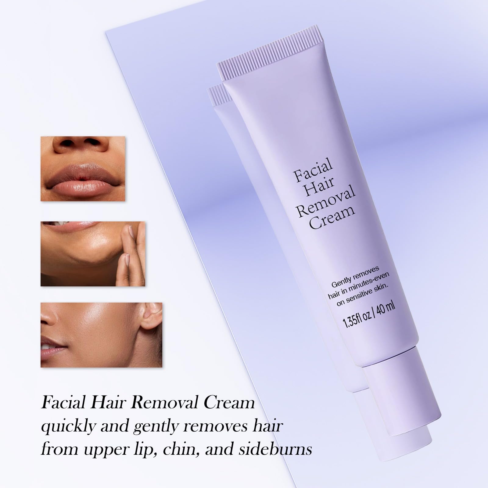 Krem do usuwania owłosienia twarzy, zestaw 40 ml + 5 ml kojące serum, delikatna formuła do skóry wrażliwej, szybkie i bezbolesne usuwanie włosów do górnych warg, brody, baków, wszystkich rodzajów