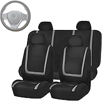 Vista 21 de FH Group FB032114 - Juego completo de fundas para asientos de coche con paño plano Funda de silicón para volante, color negro sólido, se adapta a