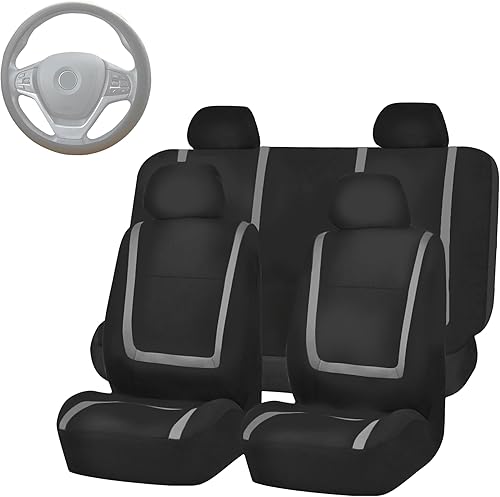 FH Group Juego completo único de fundas de asiento de automóvil de tela plana con funda de volante de silicona - Ajuste universal para la mayoría de