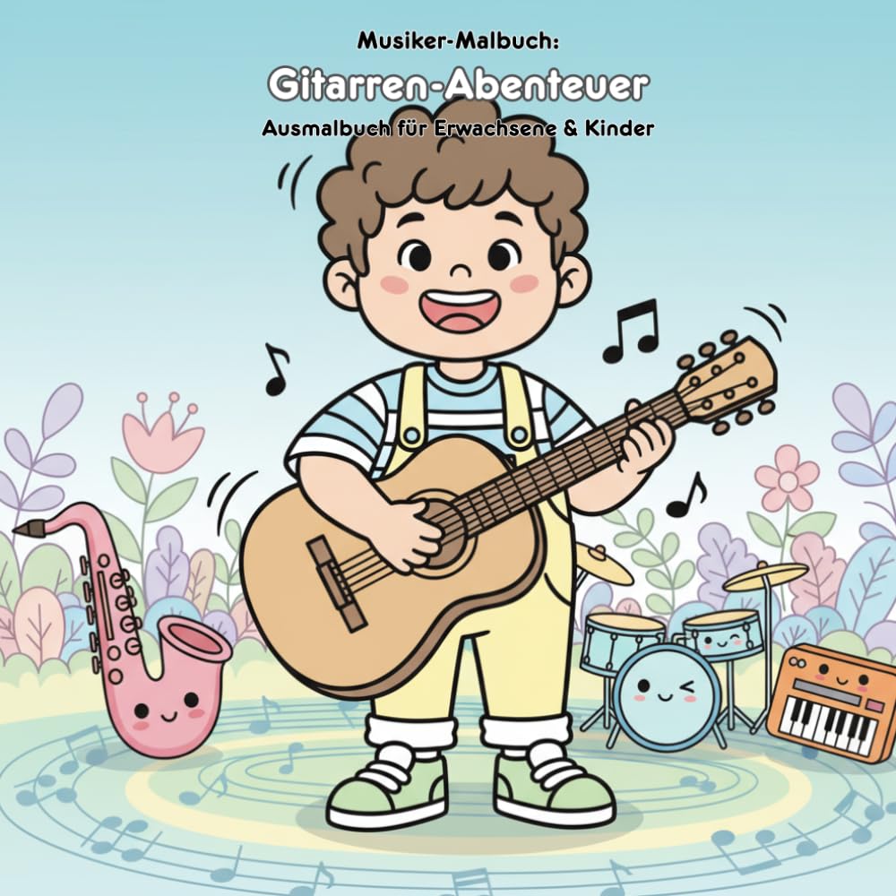 Gitarren-Abenteuer: Geschichte & Malbuch: Für Kinder & Erwachsene: 36 Ausmalbilder, 21.59 x 21.59 cm – Große Motive für kleine Künstler auf musikalischer Reise