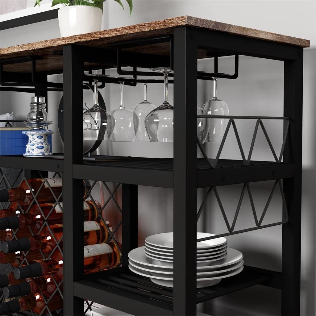 Industrial Wine Rack Table with Glass Shelf and Wine Cabinet, Console Table with Wine Rack, Wine Cabinet for Home Kitchen (D As Shown)