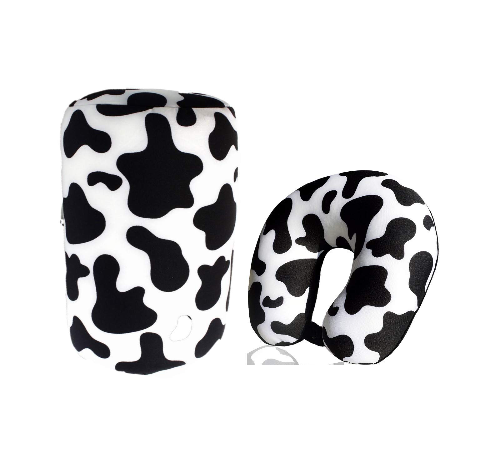 Bookishbunny 2pcs Micro Bead Set U Shaped Neck Travel Pillow 12" x 12" x 4" and Roll Back Pillow Cushion 13" x 7", Various Designs (Cow)