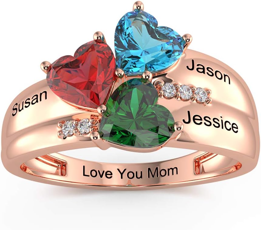 Lovejewelry S925 Sterling Silver Mothers Rings with 3 Heart Simulated Birthstones Engraved 3 Names Mom Rings Custom Family Jewelry for Women (Rose Gold, 8)