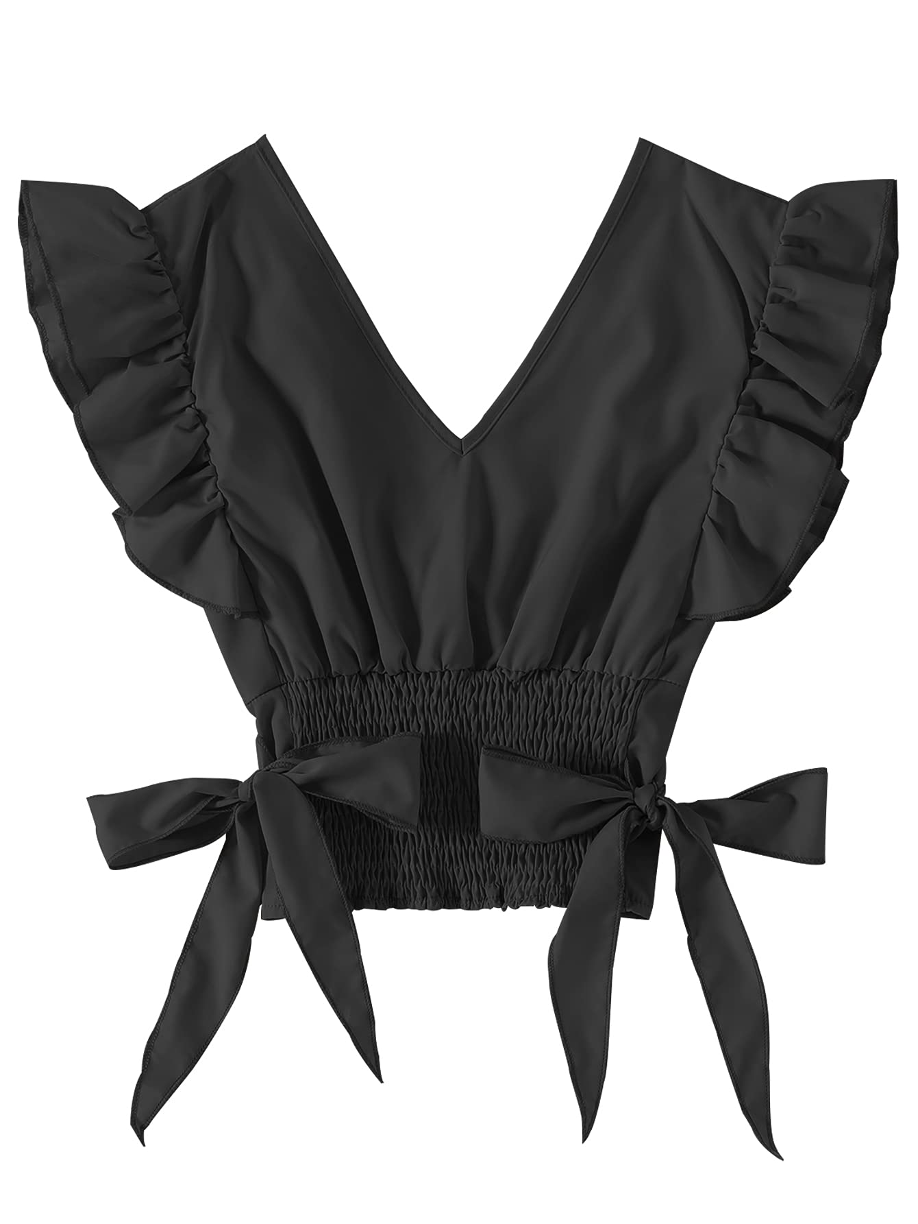 LYANER Women's V Neck Ruffle Cap Sleeve Side Bow Knot Shirred Hem Blouse Crop Tank Top