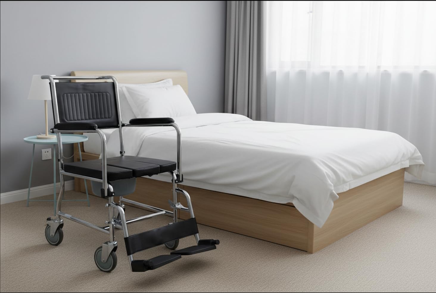 Ausilium Sedia Comoda WC per Disabili e Anziani con Incavo Frontale Igienico - Braccioli Ribaltabili, Pedane Estraibili e Regolabili - Telaio in Acciaio Robusto, Portata 100 kg, Seduta Imbottita