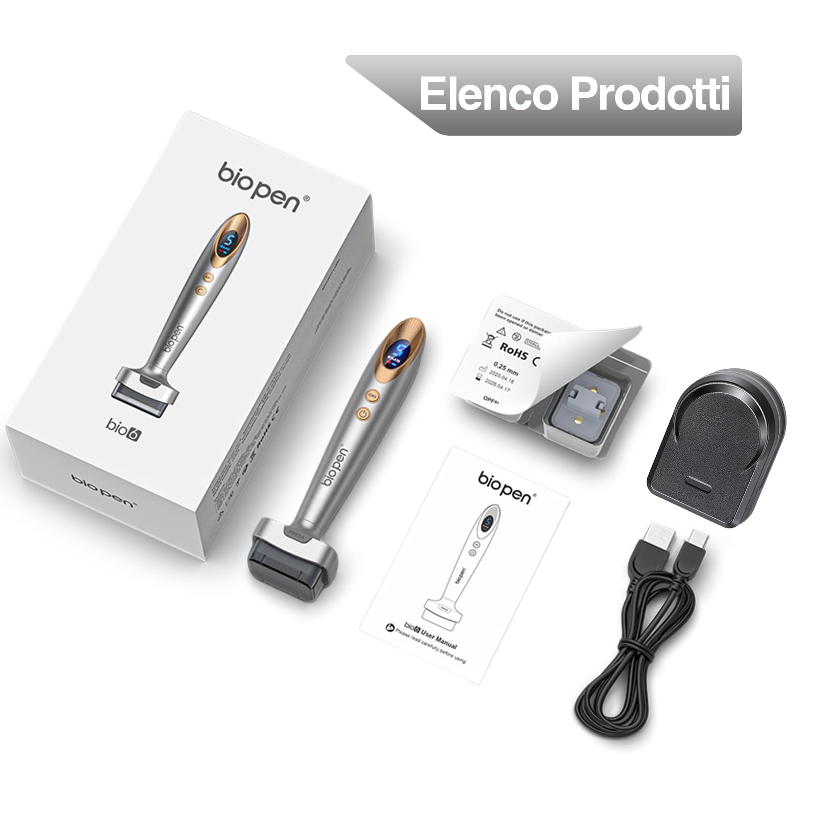Bio 6 Dermastamp Elettrico Professional 0.5 mm Derma Stamp, 140 Aghi in Acciaio Inox di Alta Qualità, Vibrazione ad Alta Frequenza, Cura con Luce Rossa e Blu, per Capelli, Barba, Viso, Corpo