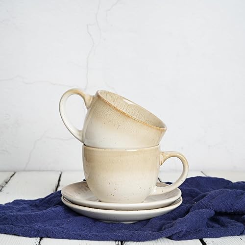 Miniatura 6 de Bosmarlin Juego de 2 tazas y platillo de cerámica para capuchino, 10 onzas, aptos para lavavajillas y microondas, tazas de café para café con leche,