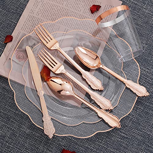 Bucla 30Guest Clear And Rose Gold Plastic Plates With Rose Gold Plastic Silverware& Disposable Plastic Cups- Rose Gold Rim Plastic Dinnerware Ideal For Mother's Day, Weddings And Parties #TOP1