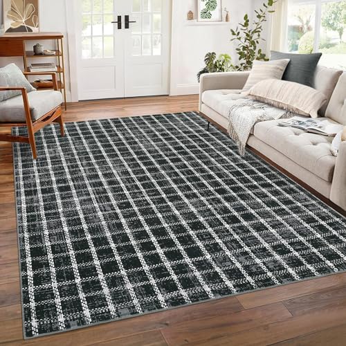 ROYHOME 6x9 Area Rug for Living Room Washable Black Checkered Rugs Non Slip