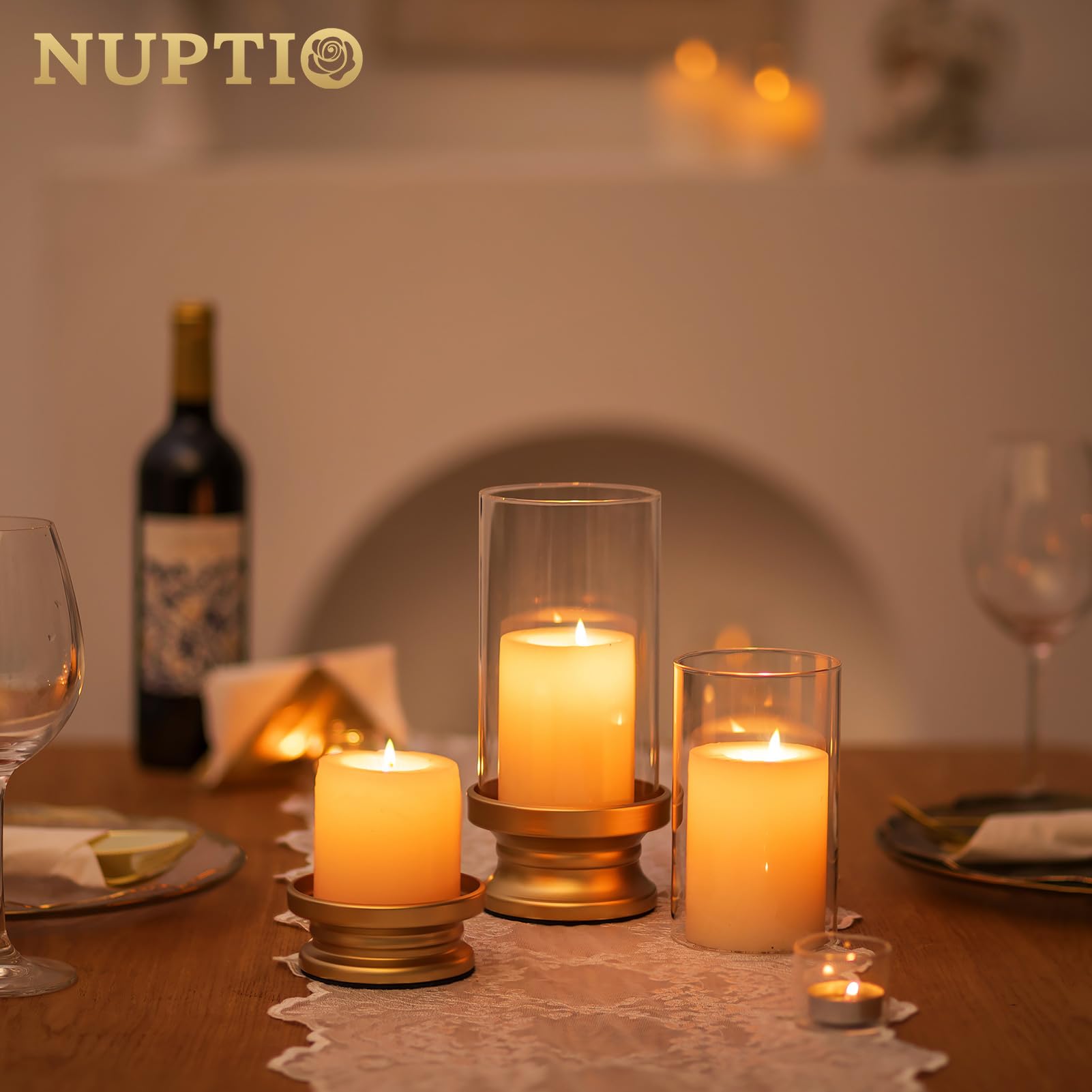 NUPTIO Portacandele A Uragano Oro: Set Di 2 Portacandele Candele A Colonna Con Manicotto In Vetro Trasparente Supporti Decorativi In Metallo Matrimonio Festa Di Natale Tavola Da Pranzo Centrotavola